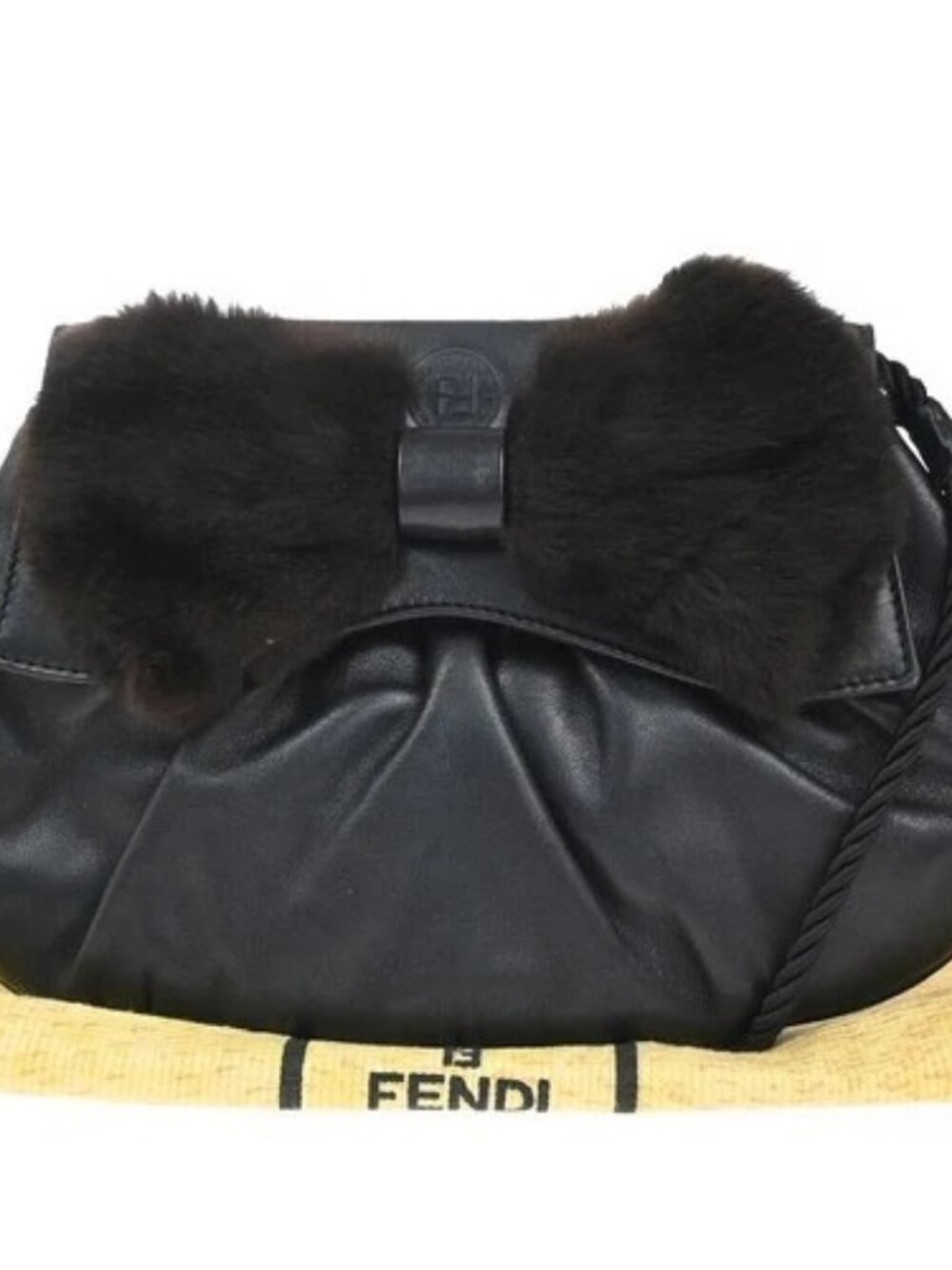FENDI Logo Bow Shoulder Bag Fur Leather Black GHW Italy 65EG358